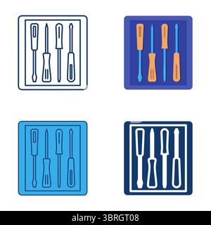 Set di cacciaviti piatti e set di icone di linea. Utensili di riparazione, kit attrezzi professionali. Illustrazione vettoriale Illustrazione Vettoriale
