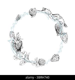 Le foglie di fragole volano in gocce di rugiada, fragole di pino da giardino mature, serpente disegnato a mano con inchiostro vettoriale. Isolato Illustrazione Vettoriale