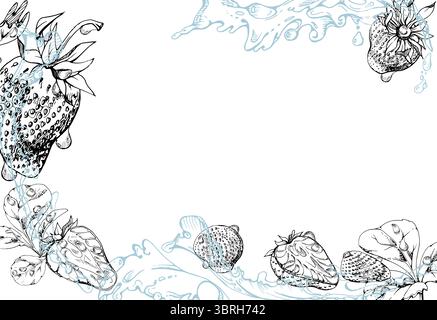 Foglie di fragole che volano in gocce di rugiada spruzzate d'acqua, fragola di pinola matura del giardino serpente disegnate a mano con inchiostro vettoriale. Confine isolato Illustrazione Vettoriale