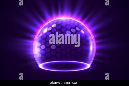 Schermo di protezione sfera trasparente 3D con motivo esagonale e elementi luminosi al neon su sfondo scuro. Concetto di barriera energetica, campo di forza, protezione o difesa. Illustrazione vettoriale Illustrazione Vettoriale
