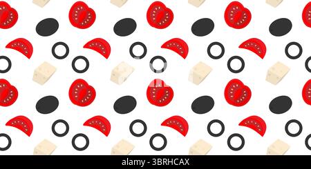 Cubetti di formaggio fette di pomodoro e olive insalata ingredienti senza cuciture pattern cibo sano tema sfondo. Illustrazione vettoriale isolata banner di sfondo per schede tematiche o menu, opuscoli, etichette, etichetta dei prezzi Illustrazione Vettoriale