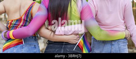 Amici felici LGBTQ donna asiatica transgender LGBTQIA che si tengono a vicenda nella festa estiva. concetto di amicizia Foto Stock