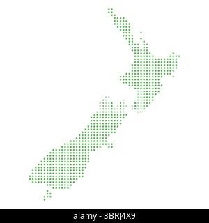 Mappa vettoriale pulita della nuova Zelanda composta da punti verdi uniformemente distanziati su sfondo bianco. Ideale per l'uso in infografiche moderne e presentazioni digitali Illustrazione Vettoriale