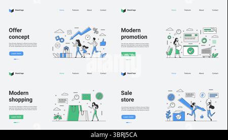 Questo modello Web include vari concetti di offerta, promozioni interessanti, esperienze di shopping moderne e accattivanti design di negozi, il tutto migliorato da una grafica elegante e icone accuratamente create Illustrazione Vettoriale