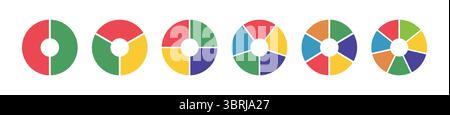 Diagrammi di ciambella, torte segmentate da 2 a 7 parti uguali. Set multicolore infografico diagrammi. Grafici di sezione circolare. Ruote divise in sezioni Illustrazione Vettoriale