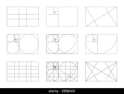 Set di rapporto dorato minimo. Matrice Fibonacci, numeri forme. Modello cornici per proporzioni armoniche. Raccolta mockups sezione dorata metodo. Armonia Illustrazione Vettoriale