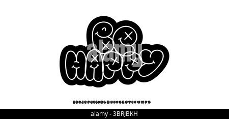 Messaggio di benvenuto Graffiti, font doodle, volti di cartoni animati e lettere X-Eyes. Design tipografico originale e audace per adesivi, poster, etichette e logo per i giovani Illustrazione Vettoriale