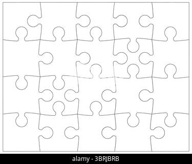 Tessere del puzzle contorno stampabile rettangolare isolato su sfondo bianco. Puzzle puzzle con angolazioni. Delinea i pezzi del puzzle, regolabili Illustrazione Vettoriale