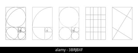 Set di dima piatta con rapporto dorato. Metodo Golden section mockup. Matrice Fibonacci, numeri forme. Armonia proporzioni minime. Immagine di contorno Illustrazione Vettoriale