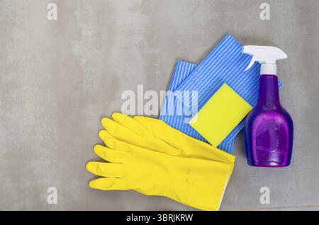 Ottimo concetto di pulizia, vari prodotti utilizzati per la pulizia su sfondo grigio Foto Stock