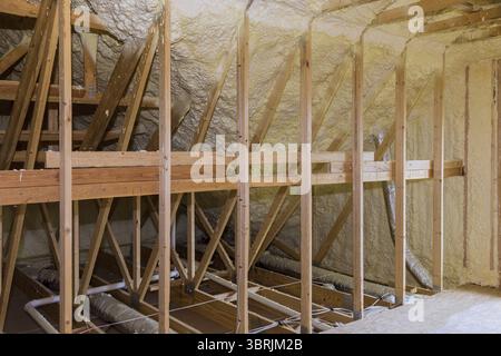 Isolamento termico e idro isolamento interno parete in casa in legno, edificio in costruzione Foto Stock