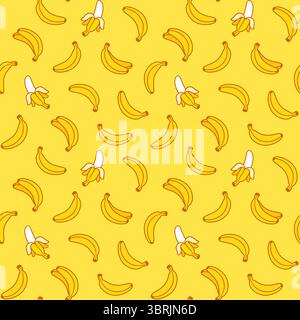 Motivo a banana cartoni animati senza cuciture. Banane sparse su sfondo giallo brillante. Illustrazione grafica clip vettoriale. Illustrazione Vettoriale