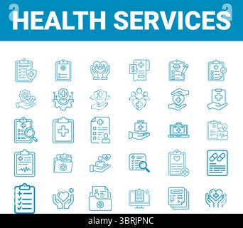 Healthcare-and-Medical-Service-Line-Icons-set-salute,-ospedale,-medico,-clinica,-primo-soccorso,-assicurazione,-e-benessere-Vector-simboli- Illustrazione Vettoriale