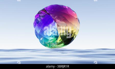 Rendering 3d Rainbow Glass Plastic Circle on Sky bg Foto Stock