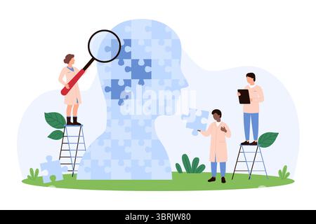 Illustrazione vettoriale di piccole persone che affrontano problemi di salute mentale utilizzando pezzi di puzzle, concentrandosi su assistenza sanitaria, terapia, trattamento e supporto psicologico. Illustrazione Vettoriale