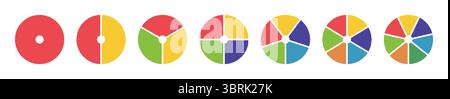 Icone della carta ciambella. Torte segmentate da 1 a 7 parti uguali. Ruote divise in sezioni. Infografica diagrammi multicolore. Grafici di sezione circolare Illustrazione Vettoriale