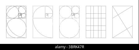 Modello Golden ratio. Metodo modello di sezione dorata. Array Fibonacci, numeri frame. Armonia proporzioni forme. Delineare il modello grafico. Illustrazione Vettoriale