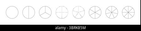 Divisione del cerchio su da 1 a 8 parti uguali. Diagrammi rotondi divisi, da uno a otto segmenti. Set di infografiche. Schema vuoto coaching. Profilo Illustrazione Vettoriale