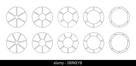 Divisione del cerchio su 6, 7 parti uguali. Schemi a sezione circolare suddivisi, sei, sette segmenti. Set di infografiche. Vuoto coaching. Art. Linea grafico sezione. Torta Illustrazione Vettoriale