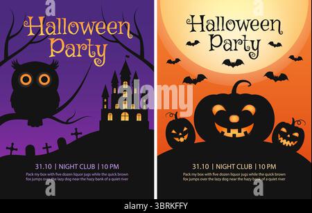 Set di modelli di invito per la festa di Halloween. Illustrazione vettoriale con casa fantasma, cimitero, gufo, zucche, pipistrelli. Illustrazione Vettoriale