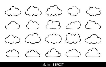 Doodle soffici nuvole. Nuvole di contorno piatte. Puffy, cumulus nuvole forme. Il nuvoloso forma mockup semplici. Modelli minimalisti elemento meteo. Oggetti Illustrazione Vettoriale