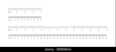 Righelli in pollici e metrici. Modelli degli strumenti di misurazione. 4, 12 pollici, 10, 30 centimetri bilance di misurazione mockup. Scala per righello in centimetri, pollici Illustrazione Vettoriale