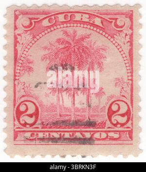 CUBA - 1905: Francobollo carmine 2 centavo raffigurante Palme reali. Rilasciato dalla Repubblica. La Roystonea Regia, comunemente nota come palma reale cubana, o palma reale della Florida, è una specie di palma originaria del Messico, dei Caraibi, della Florida e di parti dell'America centrale. Una grande e attraente palma, e' stata piantata in tutti i tropici e subtropici come un albero ornamentale. La palma reale raggiunge altezze da 15 a 24 m (50–80 piedi) di altezza. Le popolazioni di Cuba e Florida sono state a lungo viste come specie separate, ma ora sono considerate una singola specie Foto Stock