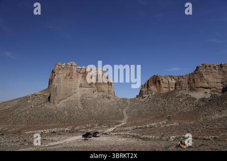 La Valle dei Monti a forma di castello di Airakty, Mangystau Foto Stock