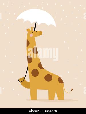 Giraffa con ombrello in piedi nella pioggia. Vivaio Vector Art con adorabile giraffa. Divertente stampa disegnata a mano con cartoncino di giraffa su sfondo beige Illustrazione Vettoriale