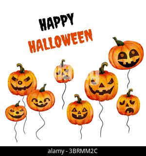 Modello di tessera quadrato con zucche espressive e testo di Halloween felice su sfondo bianco. Illustrazione ad acquerello in stile festoso e divertente, perfetta per i saluti e le decorazioni natalizie. Foto Stock