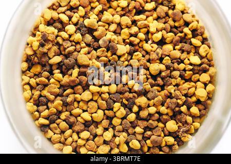 Granuli di polline d'api in vaso di vetro. Integratore alimentare naturale ricco di nutrienti. Grani macro di colore giallo-marrone. Supercibo sano dall'apicoltura. Foto Stock