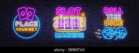 Set di insegne al neon con Posiziona la tua scommessa, slot machine e tira i dadi. Coloratissimi elementi luminosi con carte, dadi e Lucky 777 su mattone nero Illustrazione Vettoriale
