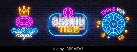 Collezione di insegne al neon con disegni di casinò Royal, casinò Time e spin and win. Le icone Crown, roulette e chip da poker mettono in risalto i classici temi del gioco d'azzardo. Illustrazione Vettoriale