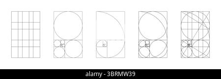 Modello Golden ratio. Metodo Golden section mockup. Matrice di Fibonacci, numeri, forme. Le proporzioni dell'armonia fanno da cornice. Delineare il design minimalista Illustrazione Vettoriale
