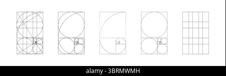 Set minimalista modello Golden ratio. Metodo modelli di sezione dorata. Matrice Fibonacci, moduli numerici. Le proporzioni dell'armonia fanno da cornice. Immagine di contorno Illustrazione Vettoriale