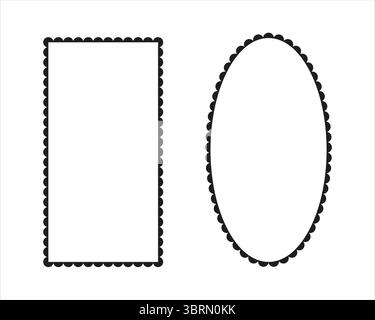 Mockup di telai smerlati. Rettangolo con bordo smerlato, forme ellittiche. Modulo etichetta. Pizzo silhouette montatura semplice. Elementi astratti per tag, adesivi. Illustrazione Vettoriale