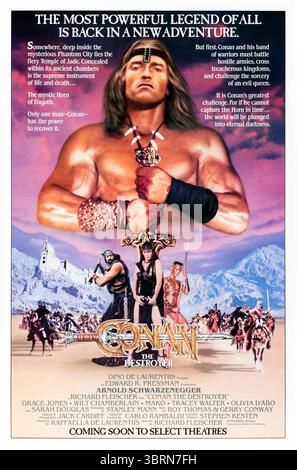 Conan the Destroyer (1984) diretto da Richard Fleischer e interpretato da Arnold Schwarzenegger, Grace Jones e Wilt Chamberlain. Conan intraprende una missione per recuperare un artefatto magico e proteggere una principessa. Fotografia di un poster originale del 1984 DA UTILIZZARE ESCLUSIVAMENTE PER L'EDITORIALE. Crediti: BFA / Universal Pictures Foto Stock