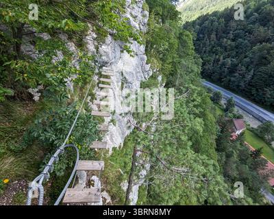 Scalatore che sale per Koschlak Klettersteig tramite la ferrata nelle Alpi austriache su pareti rocciose sicure. Foto Stock