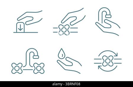 Icone igieniche pulite mani rubinetti, gocce d'acqua, servizi igienici. Guida visiva per il lavaggio, l'impianto idraulico. Concetto di salute, protezione, sicurezza. Illustrazione Vettoriale