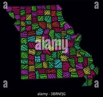 Missouri Word Cloud. Design luminoso in stile neon su sfondo scuro. Fumetto di testo nomi regione. Forma di delimitazione con divisione amministrativa. Illustrazione Vettoriale