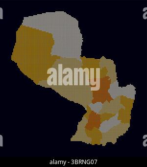 Mappa punteggiata del Paraguay. Mappa digitale del paese su sfondo scuro. Forma del Paraguay con punti quadrati. Stile puntini colorati. Quadrati di piccole dimensioni. Illustrazione Vettoriale