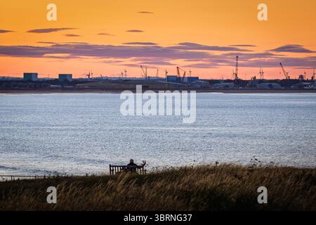 Hazy Golden Hour a Seaton Sluice Beach, Northumberland, luglio 2025 Foto Stock