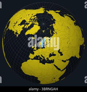 Svezia su Globe. Vista paese sulla mappa del mondo nella tavolozza dei colori giallo brillante Charcoal. Forma Svezia sulla mappa. Illustrazione Vettoriale