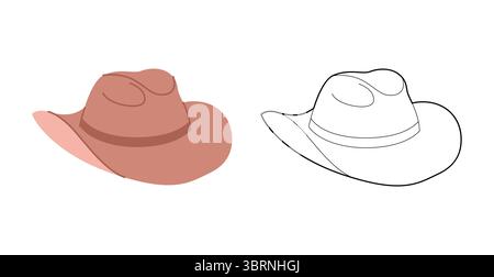 Cappello da cowboy con fascia. Cappellino accessorio Head Fashion con illustrazione tecnica dell'abbigliamento a bordo largo. Copricapo vettoriale per uomo, donna, stile unisex, modello piatto CAD mockup contorno di schizzo isolato Illustrazione Vettoriale