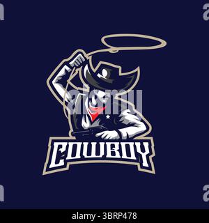 Design vettoriale del logo della mascotte cowboy con un moderno stile di illustrazione per la stampa di badge, emblemi e t shirt. Illustrazione Cowboy per la squadra sportiva. Illustrazione Vettoriale