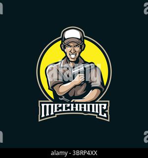 Design vettoriale del logo della mascotte meccanica con un moderno stile di illustrazione per la stampa di badge, emblemi e t-shirt. Illustrazione meccanica intelligente. Illustrazione Vettoriale