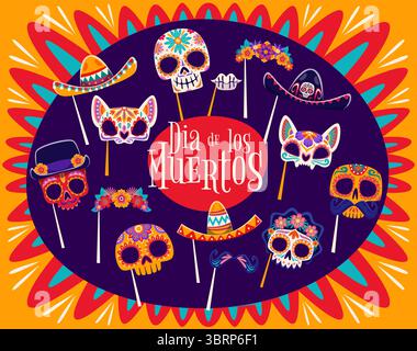 Messicano Dead Day, stand fotografico di Halloween e maschere di carnevale, vettore di cartoni animati. Dia De Los Muertos maschere e oggetti di scena per le vacanze con teschio Catrina calavera, sombrero messicano e baffi per la maschera dello stand fotografico Illustrazione Vettoriale