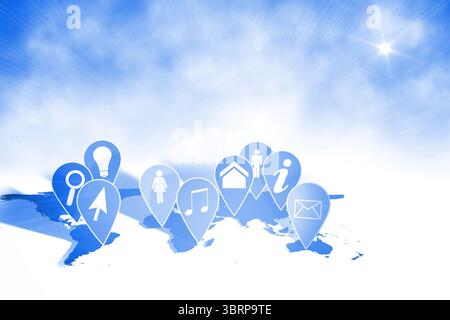 Nove puntini blu della mappa fluttuano su una mappa del mondo stilizzata con un cielo sfumato che mostra simboli bianchi Foto Stock