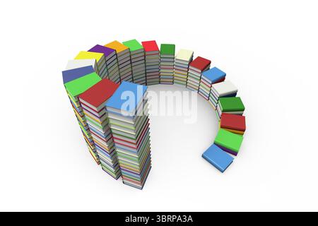 I libri di design piatto si sovrappongono a semicerchio con copertine arcobaleno su sfondo bianco Foto Stock