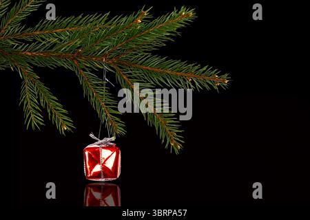 Una piccola confezione regalo rossa con nastro d'argento è appesa al ramo di pino in una scena riflettente con rendering 3D. Foto Stock